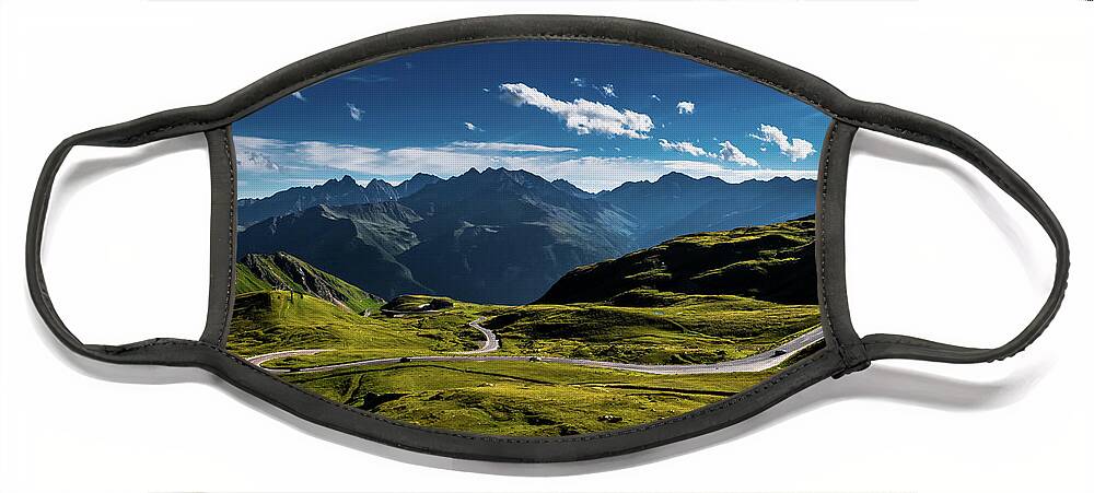 Adventure Face Mask featuring the photograph Mountain Pass And High Alpine Road In National Park Hohe Tauern With Mountain Peak Grossglockner by Andreas Berthold