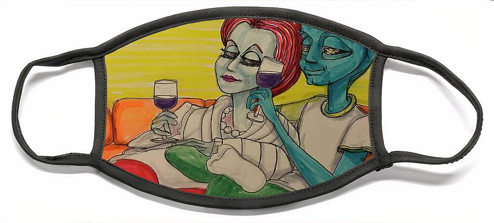 Date Night Face Mask featuring the drawing Movie Night by Similar Alien