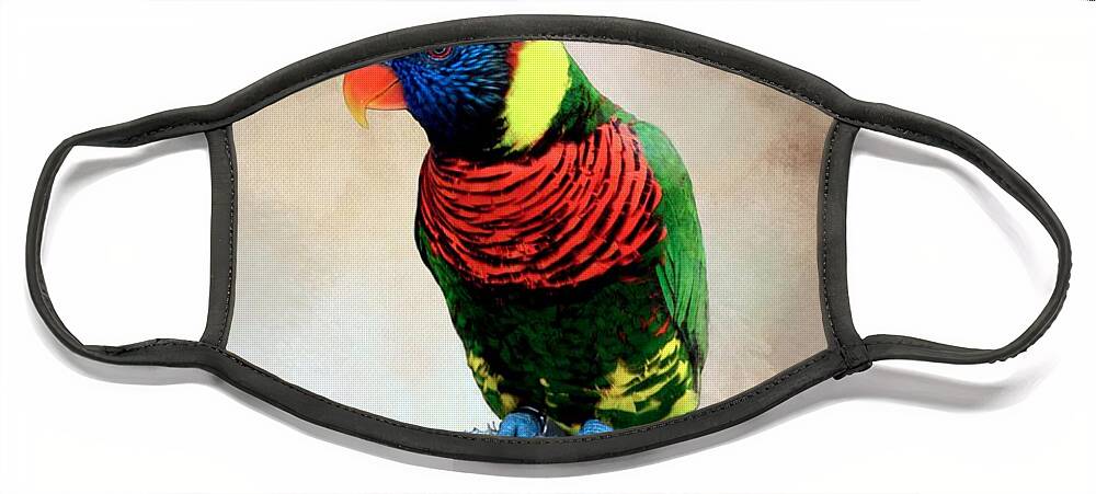 Bird Face Mask featuring the mixed media Multicolor Bird 87 by Lucie Dumas