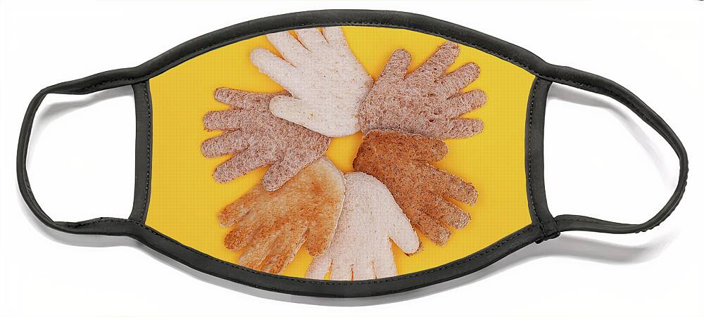 Hands Face Mask featuring the photograph Multicultural hands circle concept made from bread by Simon Bratt