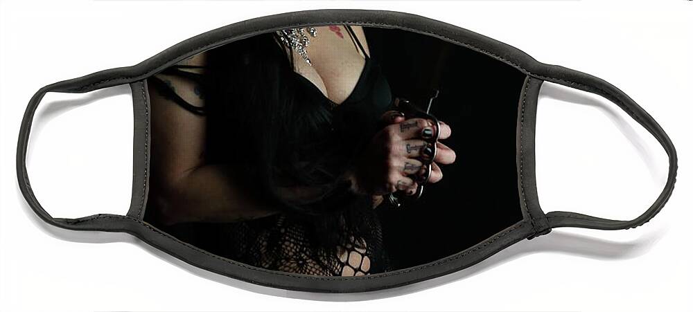 Elvira Face Mask featuring the photograph Mysti as Elvira by Cully Firmin