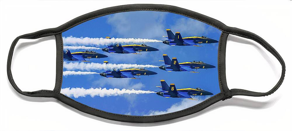 Blue Angels Show Face Mask featuring the photograph Navy Blue Angels Airshow With Smoke Trails on Cloudy Day by Robert Bellomy
