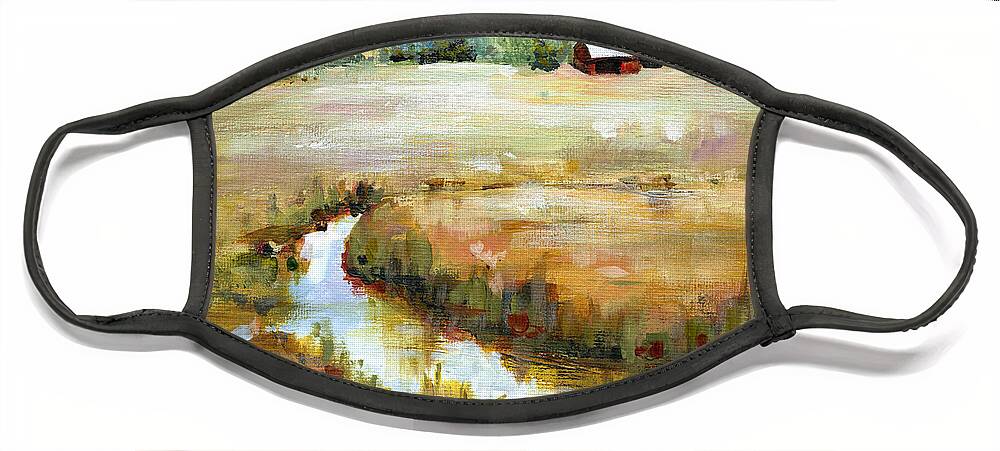 Landscape Face Mask featuring the painting Nebraska Skies - Creek Side by Annie Troe