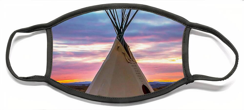 Taos Face Mask featuring the photograph New Mexico Sunset with a Tipi by Elijah Rael
