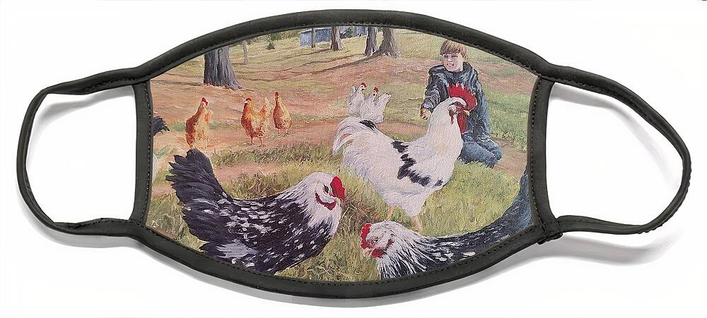 Landscape Face Mask featuring the painting Noah and his Chickens by ML McCormick