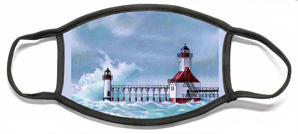 Lighthouse Face Mask featuring the painting North Pier Light by Pamela Kirkham