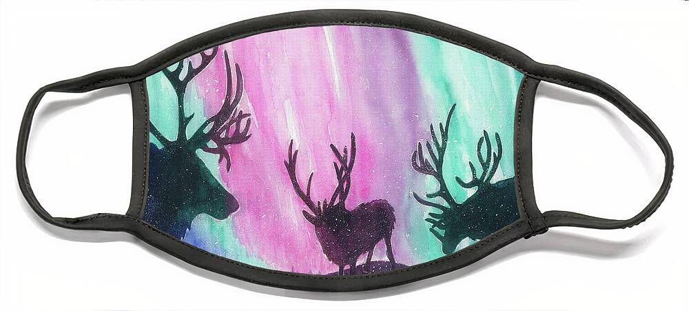 Reindeer Face Mask featuring the painting North Pole Nightlife by Lori Taylor