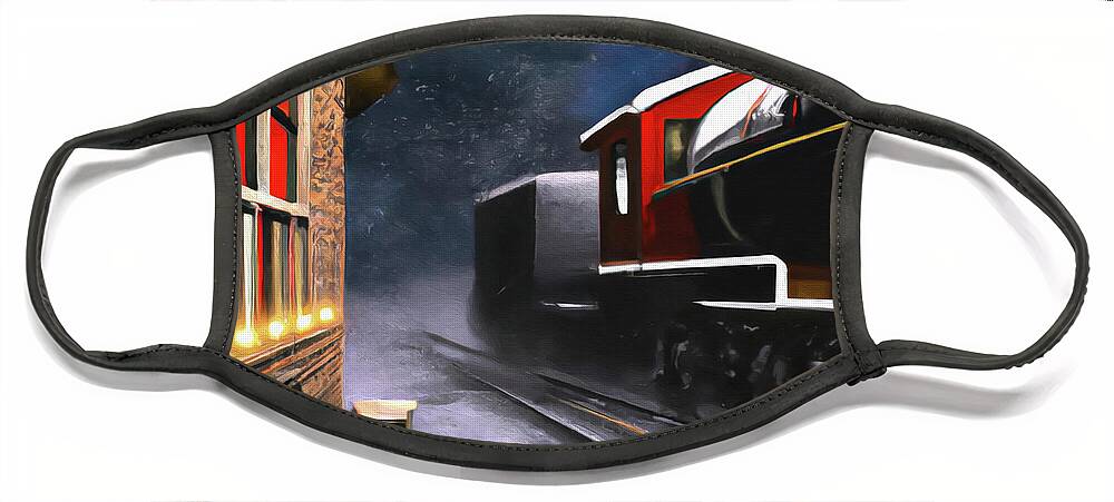 Steam Train Face Mask featuring the digital art North Pole Station by Alison Frank