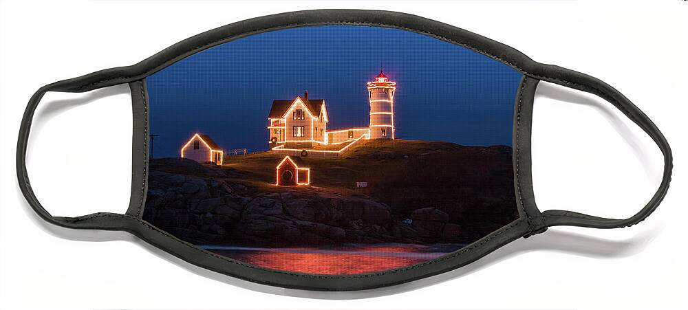 Maine Lighthouse Face Mask featuring the photograph Nubble lighthouse with Christmas Lights by Jeff Folger