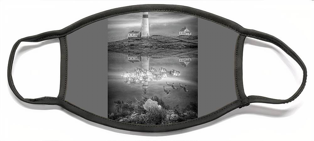Birds Face Mask featuring the photograph Ocean's Jewels Lighthouse and Reef Black and White by Debra and Dave Vanderlaan