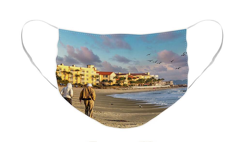 Beach Face Mask featuring the photograph Old Couple Walking up Empty Beach by Darryl Brooks