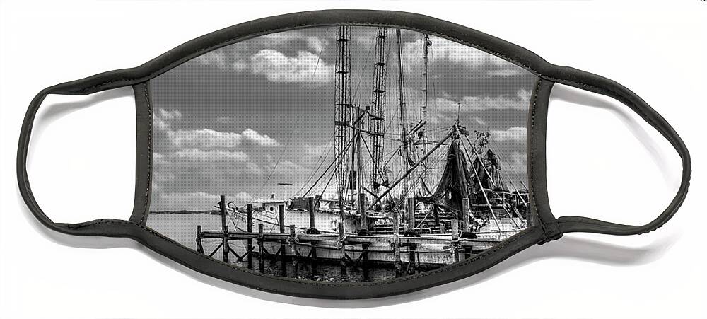 Boats Face Mask featuring the photograph Old Shrimp Boats in the Harbor Black and White by Debra and Dave Vanderlaan