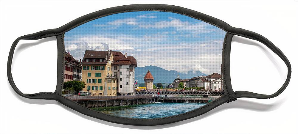 The Kapellbrücke Face Mask featuring the photograph Old town Lucerne Switzerland and Reuss river panorama by Dejan Jovanovic