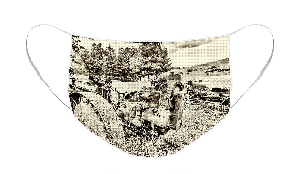 North Carolina Face Mask featuring the photograph Olde Timey Tractors bw by Dan Carmichael