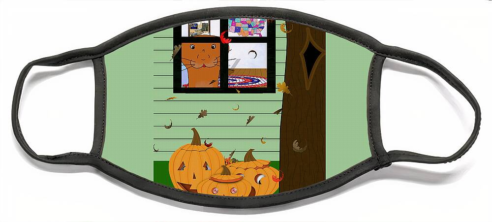 Halloween Face Mask featuring the photograph Oliver The Otter Looking at Jack-o-Lanterns Out his Bedroom Window by Colleen Cornelius