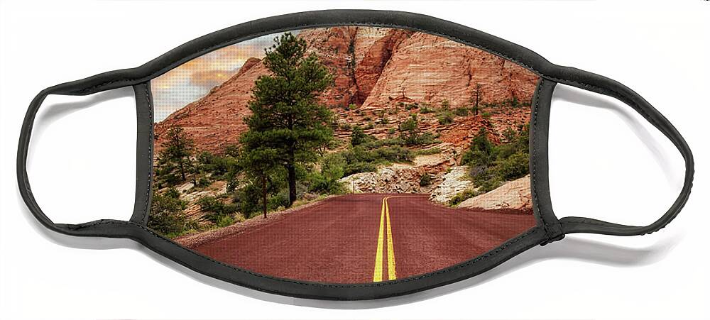 Road Face Mask featuring the photograph On the road in Zion at sunset, Utah, USA by Jane Rix