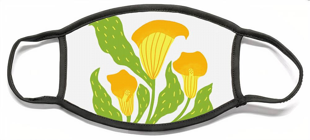 Calla Lilies Face Mask featuring the drawing Orange calla lilies by Min Fen Zhu