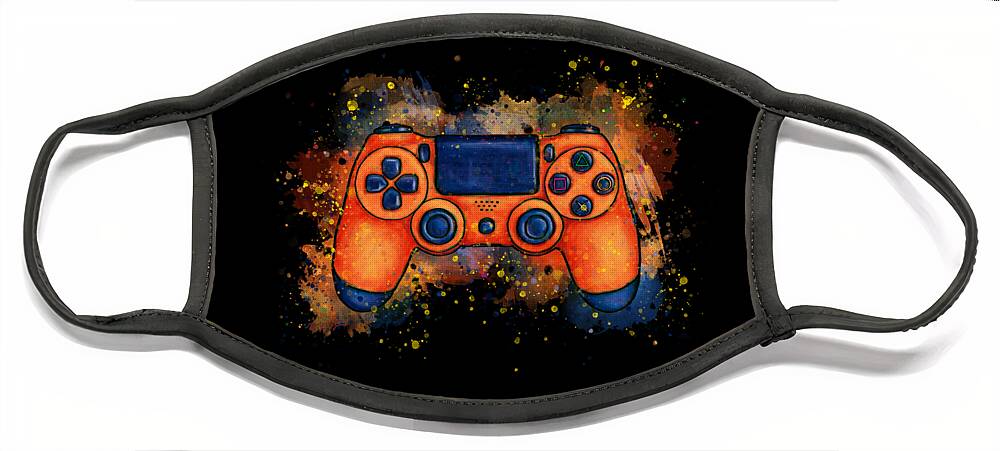 Gaming Face Mask featuring the painting Orange game controller splatter art, gaming by Nadia CHEVREL