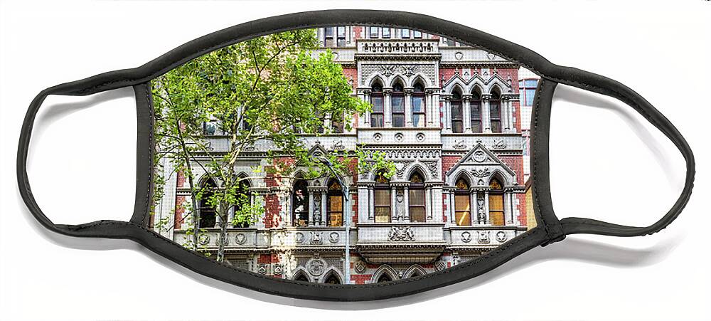 Gothic Revival Face Mask featuring the photograph Ornate exterior of the Melbourne Safe Deposit building, designed by architect and politician, William Pitt and built in the Gothic Revival style in 1890. by Jane Rix