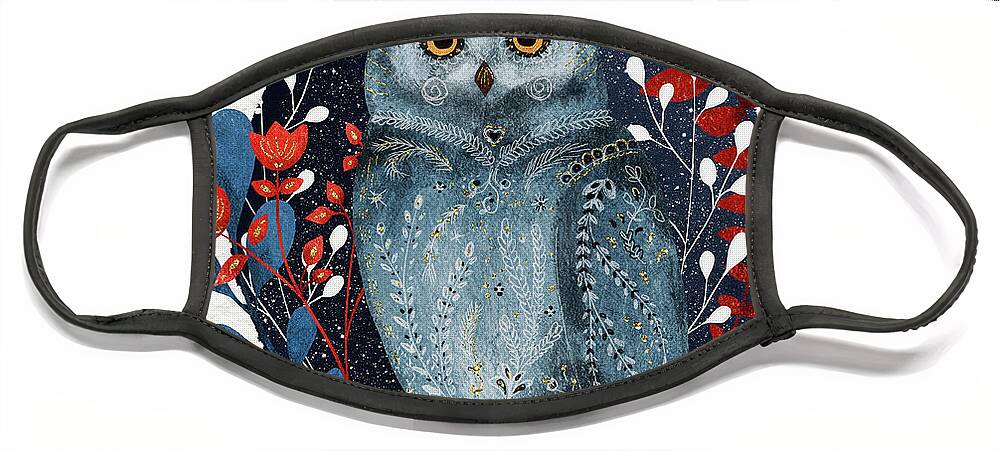 Owl Face Mask featuring the painting Owl With Flowers by Modern Art