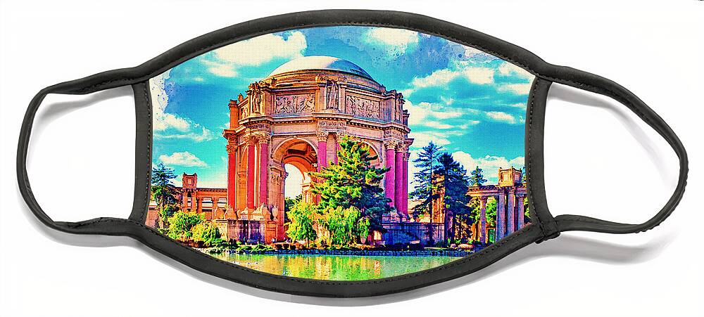 Palace Of Fine Arts Face Mask featuring the digital art Palace of Fine Arts, San Francisco - watercolor painting by Nicko Prints