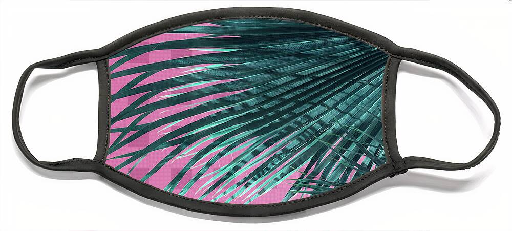 Palm Leaf Face Mask featuring the photograph Palm frond and pink sky, summer on the beach by Adriana Mueller