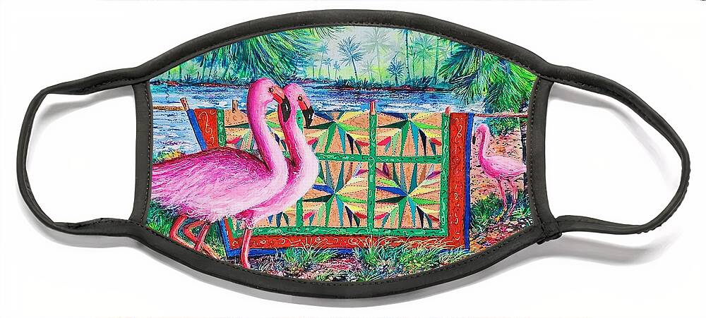 Palm Quilt Face Mask featuring the painting Palm Quilt Flamingos by Diane Phalen