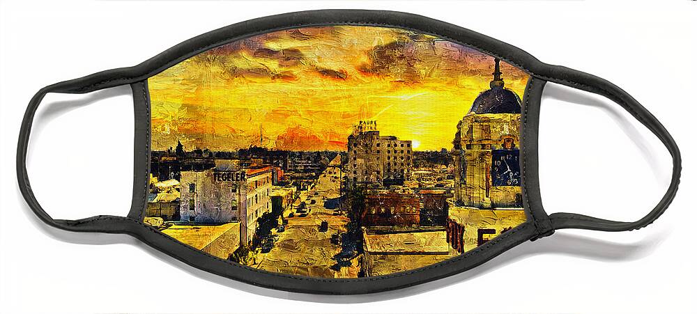 Bakersfield Face Mask featuring the digital art Panorama of downtown Bakersfield, California - digital painting by Nicko Prints