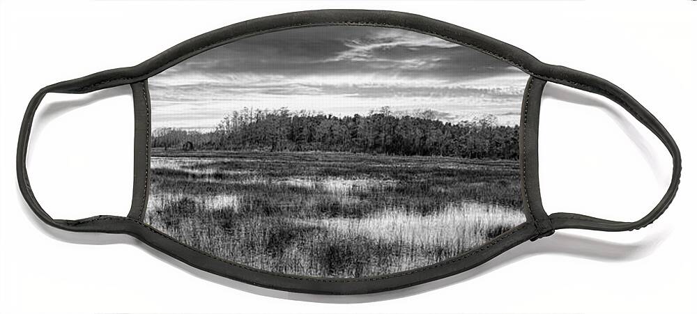 Clouds Face Mask featuring the photograph Panorama Overlooking the Marsh Black and White by Debra and Dave Vanderlaan