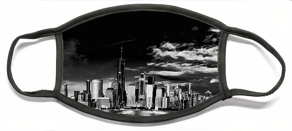 Black And White Face Mask featuring the photograph Lower Manhattan skyline in black and white. Panorama. by Alina Oswald