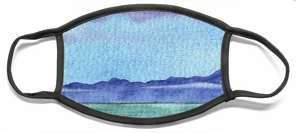 Mountain Lake Face Mask featuring the painting Peaceful Seascape Watercolor Lake With Mountains And Clouds by Irina Sztukowski