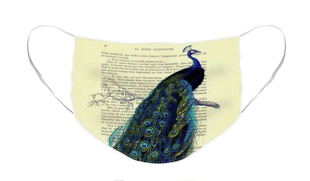Peacock Face Mask featuring the mixed media Peacock on branch by Madame Memento