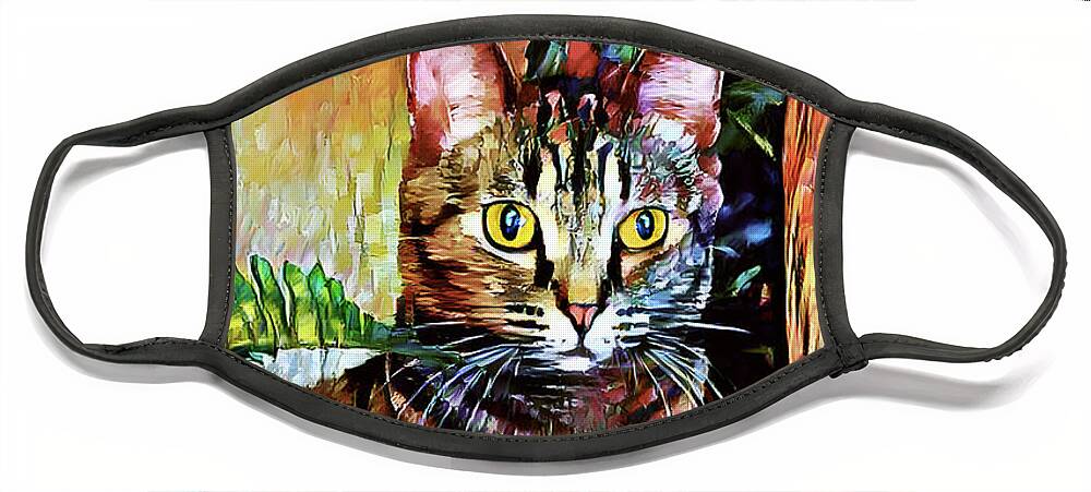 Bengal Cats Face Mask featuring the digital art Pepper the Bengal Tabby Cat with Sunflowers by Peggy Collins