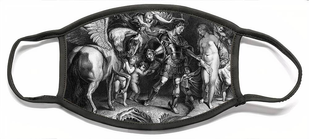 Perseus And Andromeda Face Mask featuring the painting Perseus and Andromeda by Engraver Pierre Francois Tardieu Classical Art Reproduction by Rolando Burbon