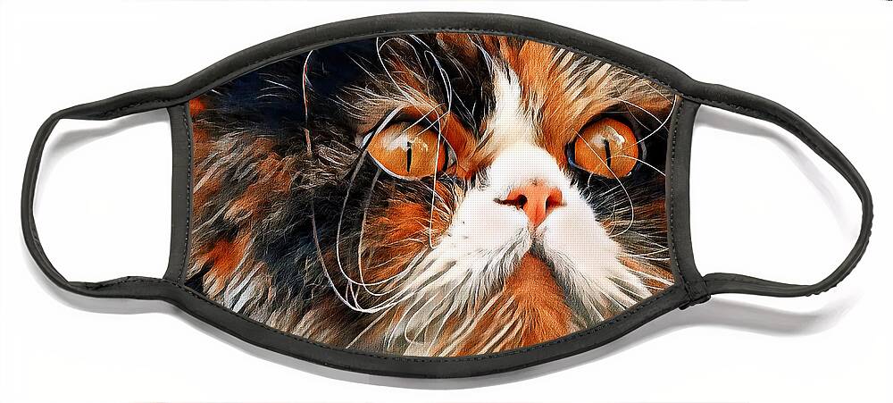Persian Cat Face Mask featuring the digital art Persian cat with long whiskers close-up - white, black and brown digital painting by Nicko Prints