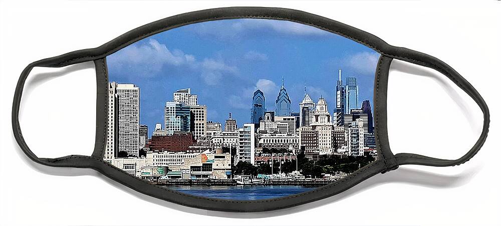 Philadelphia Face Mask featuring the photograph Philadelphia Skyline across the Delaware River from the Aquarium in Camden, New Jersey by Linda Stern