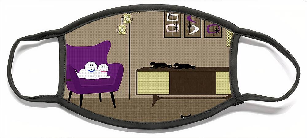 Mid Century Modern Face Mask featuring the digital art Pink and Purple Mid Century Room with White Dogs Black Cat by Donna Mibus