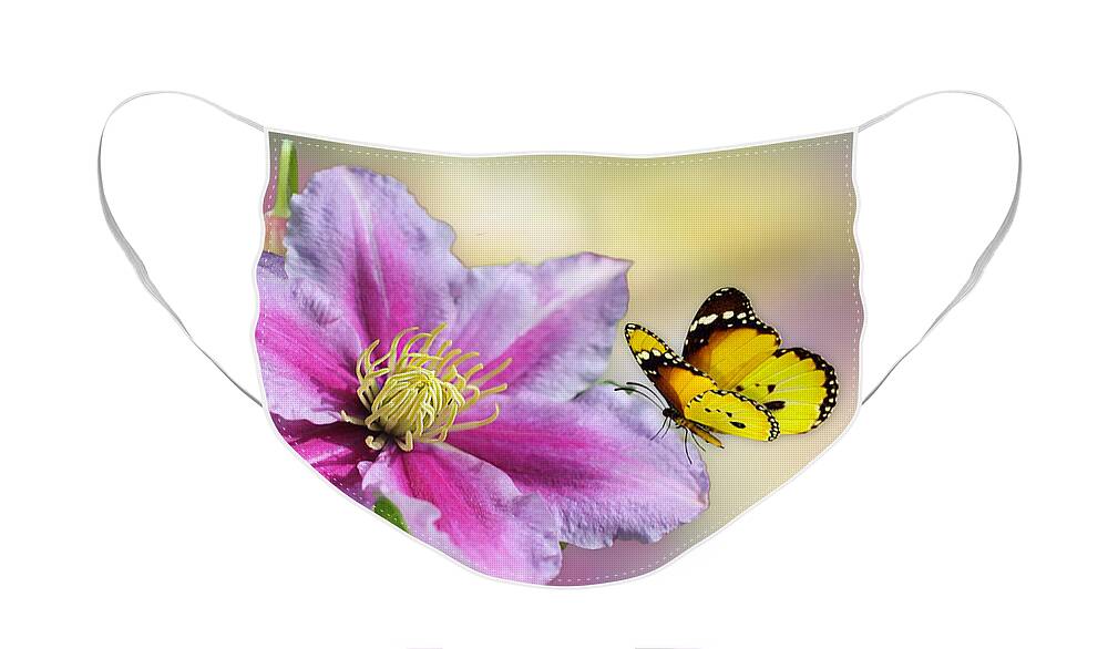Yellow Butterfly Face Mask featuring the mixed media Pink Clematis and Butterfly by Morag Bates