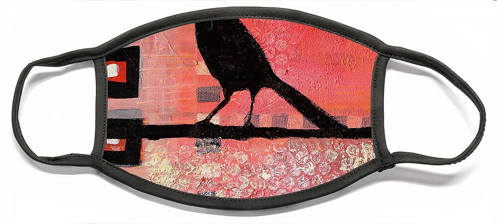 Pink And Black Face Mask featuring the painting Pink Crow Abstract by Nancy Merkle
