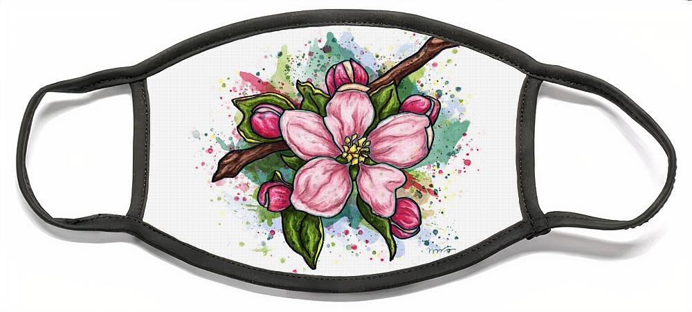 Flower Face Mask featuring the painting Pink flower on white background, cherry blossom by Nadia CHEVREL