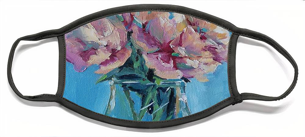 Pink Face Mask featuring the painting Pink Flowers with Blue by Sheila Romard