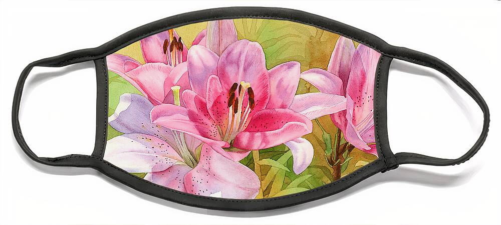Pink Face Mask featuring the painting Pink Lilies by Espero Art