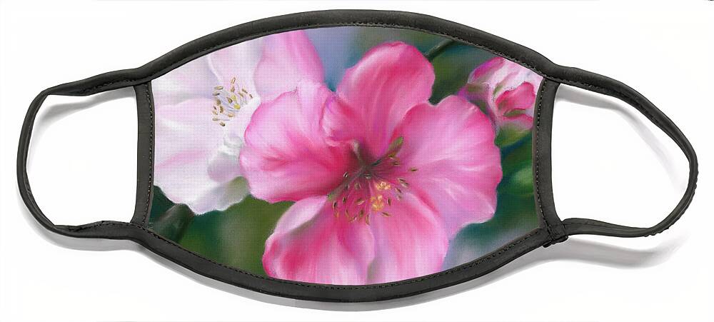 Botanical Face Mask featuring the painting Pink Quince Flowers and Bud by MM Anderson