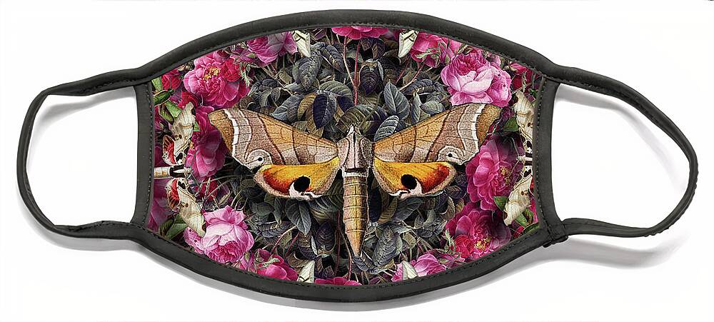 Moths Face Mask featuring the digital art Pink Roses and Moths by Peggy Collins