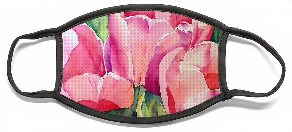 Watercolor Face Mask featuring the painting Pink Tulips by Liana Yarckin