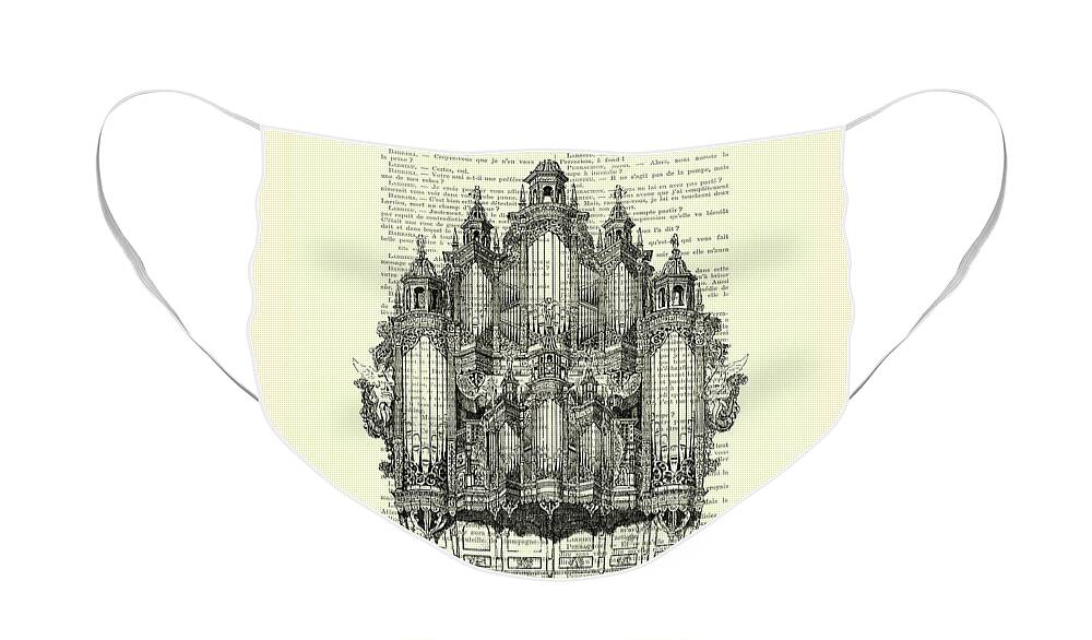 Organ Face Mask featuring the mixed media Pipe organ in black and white on a French antique book page by Madame Memento