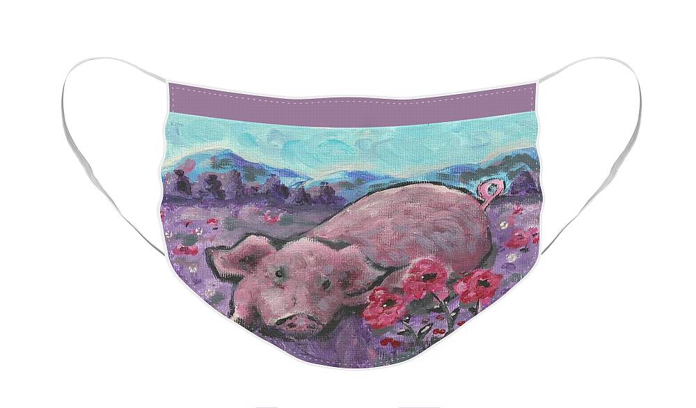 Pig Painting Face Mask featuring the painting Playful Pig by Monica Resinger