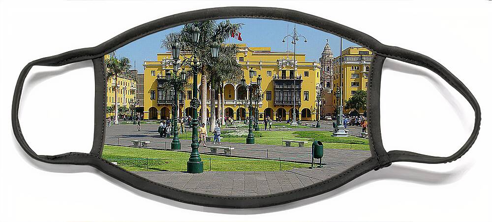 Yellow Buildings Face Mask featuring the photograph Plaza Mayor Lima Peru by Karen Zuk Rosenblatt