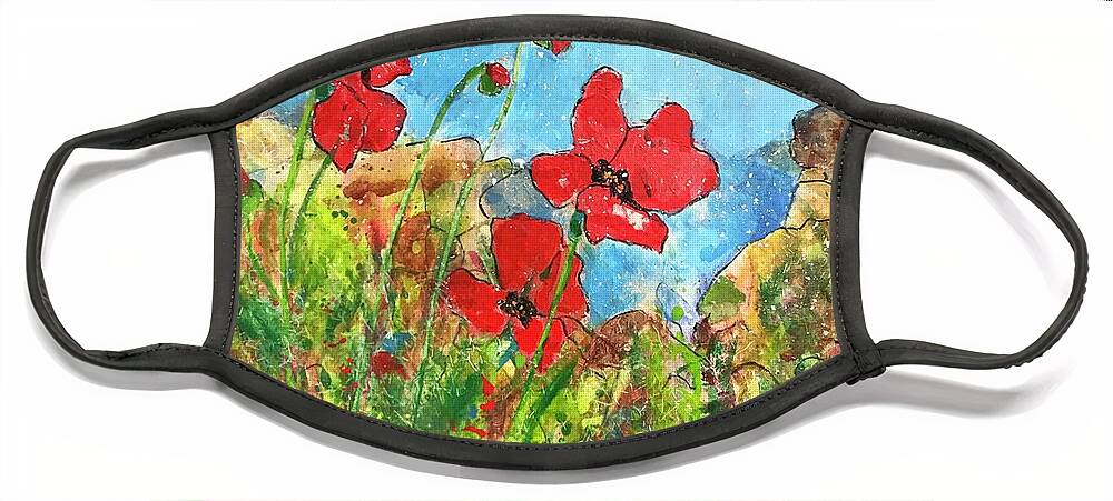 Poppies Face Mask featuring the painting Poppies by the Sea II by Elaine Elliott