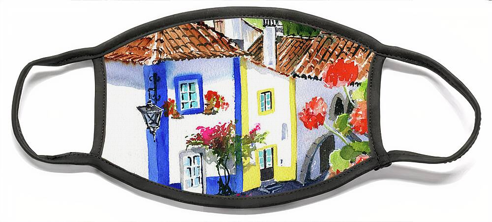 Portugal Face Mask featuring the painting Portugal Obidos Painting by Dora Hathazi Mendes